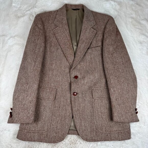 Vintage Harris Tweed Blazer Jacket Sport Coat 44R Beige Tan Hand Woven Wool - Picture 1 of 12